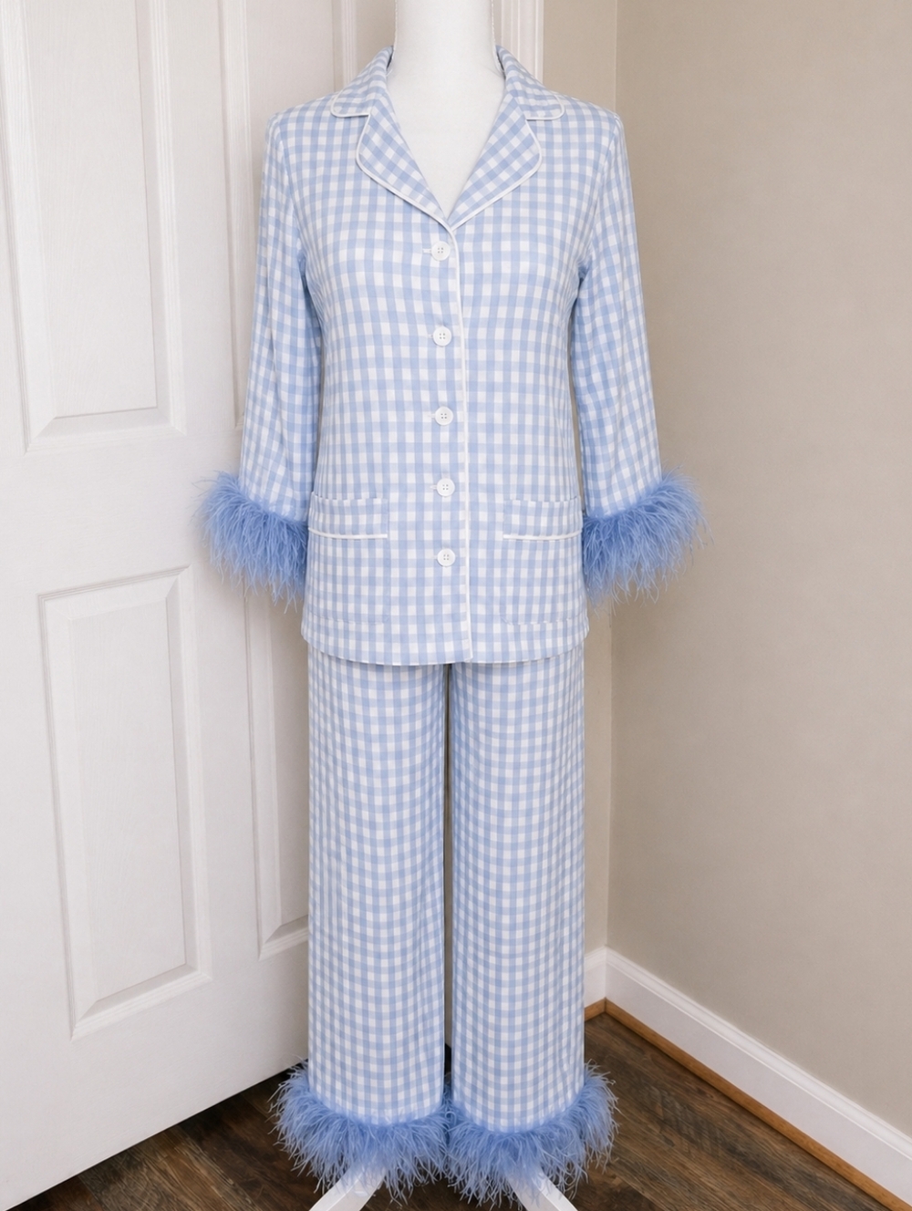 SLEEPER Blue Gingham Feather Trim Pajama Set Bridal Wedding Morning Ostrich